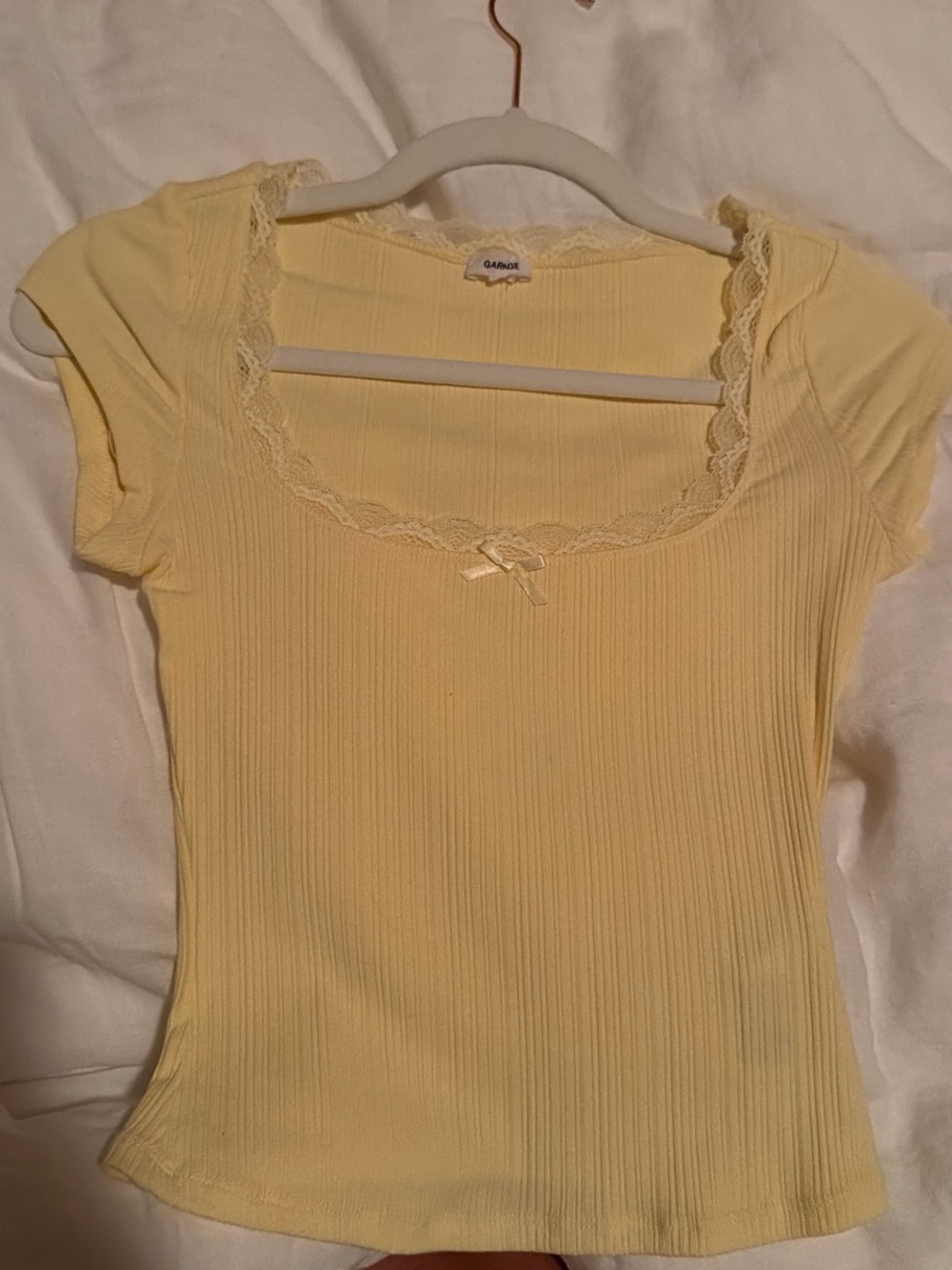 Garage Yellow Ribbed Short Sleeve Tee with Lace Trim